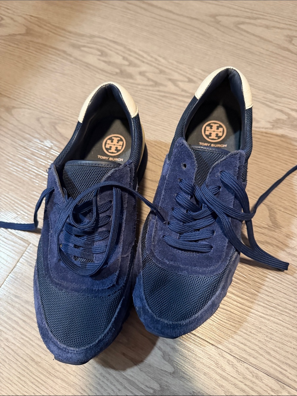 Tory Burch Navy Suede & Mesh Men's Sneakers with Cream Heel Accent